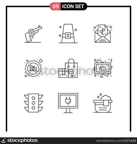 9 User Interface Outline Pack of modern Signs and Symbols of bag, no, hat, image, plant Editable Vector Design Elements