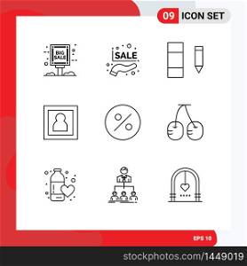 9 User Interface Outline Pack of modern Signs and Symbols of cherry, finance, column, portrait, photographer Editable Vector Design Elements
