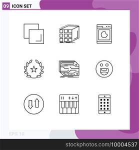 9 User Interface Outline Pack of modern Signs and Symbols of component, films, cooking, stare, cinema Editable Vector Design Elements
