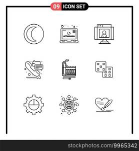 9 User Interface Outline Pack of modern Signs and Symbols of consumption, support, call, phone, webcam Editable Vector Design Elements