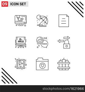 9 User Interface Outline Pack of modern Signs and Symbols of data, love, text, heart, chat Editable Vector Design Elements