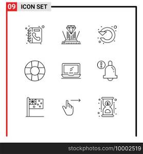 9 User Interface Outline Pack of modern Signs and Symbols of device, computer, circle, lifebuoy, up Editable Vector Design Elements