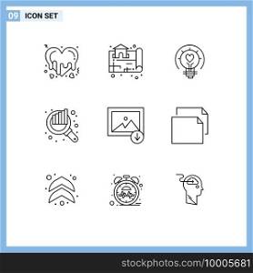 9 User Interface Outline Pack of modern Signs and Symbols of download, search, bulb, chart, tips Editable Vector Design Elements