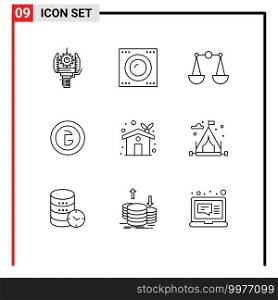 9 User Interface Outline Pack of modern Signs and Symbols of eco home, finance, technology, currency, bangladesh Editable Vector Design Elements