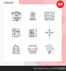 9 User Interface Outline Pack of modern Signs and Symbols of fuel, product, hotel, mind, brain Editable Vector Design Elements