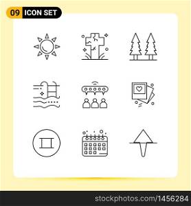 9 User Interface Outline Pack of modern Signs and Symbols of group, swimming, entertainment, summer, holiday Editable Vector Design Elements