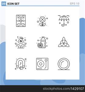 9 User Interface Outline Pack of modern Signs and Symbols of juice, diet, protection, bottle, investor Editable Vector Design Elements