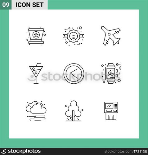 9 User Interface Outline Pack of modern Signs and Symbols of left, arrow, airport, drinks, beach drinks Editable Vector Design Elements