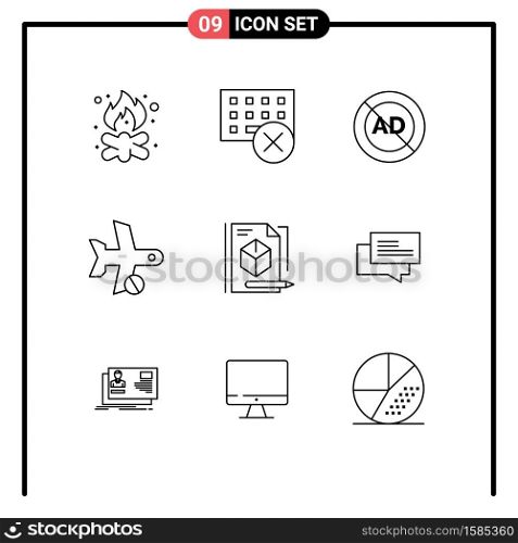 9 User Interface Outline Pack of modern Signs and Symbols of plane, cancel, hardware, block, advertisement Editable Vector Design Elements