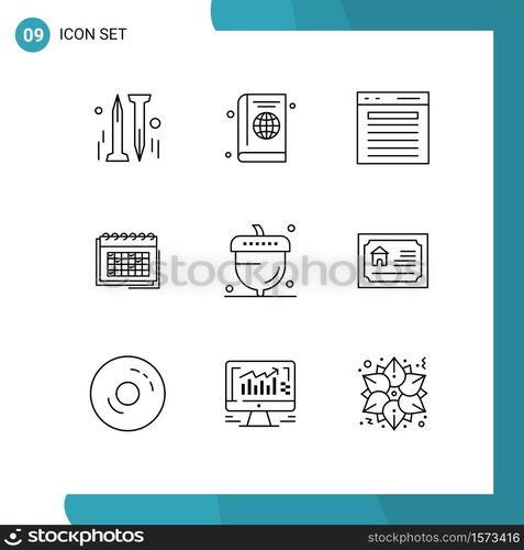 9 User Interface Outline Pack of modern Signs and Symbols of planning, date, add, business, website Editable Vector Design Elements