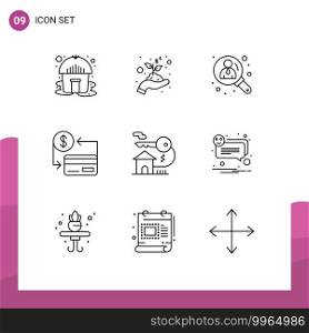 9 User Interface Outline Pack of modern Signs and Symbols of real estate, home, user, society, cashless Editable Vector Design Elements