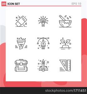 9 User Interface Outline Pack of modern Signs and Symbols of result, sort, touch here, funnel, restaurant Editable Vector Design Elements