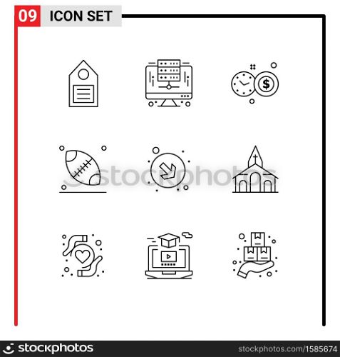 9 User Interface Outline Pack of modern Signs and Symbols of right, arrow, server, thanksgiving, rugby Editable Vector Design Elements
