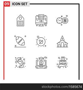 9 User Interface Outline Pack of modern Signs and Symbols of right, arrow, server, thanksgiving, rugby Editable Vector Design Elements