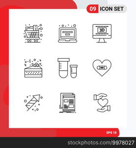 9 User Interface Outline Pack of modern Signs and Symbols of s, pizza, profile, party, online Editable Vector Design Elements