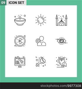9 User Interface Outline Pack of modern Signs and Symbols of searching, bluetooth, astronomy, eid, cresent Editable Vector Design Elements