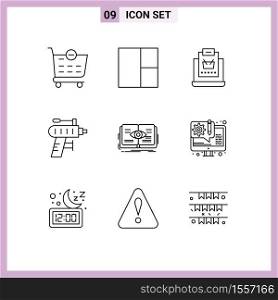 9 User Interface Outline Pack of modern Signs and Symbols of view, book, shop, knowledge, tool Editable Vector Design Elements