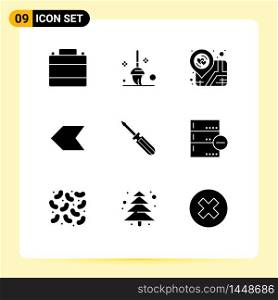 9 User Interface Solid Glyph Pack of modern Signs and Symbols of tool, screw, location, left, arrow Editable Vector Design Elements