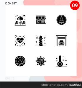 9 User Interface Solid Glyph Pack of modern Signs and Symbols of pulse, health, target, resume, personal Editable Vector Design Elements