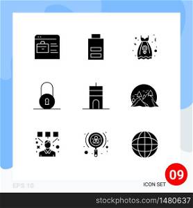 9 User Interface Solid Glyph Pack of modern Signs and Symbols of signal, antenna, clothes, padlock, lock Editable Vector Design Elements