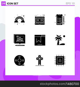 9 User Interface Solid Glyph Pack of modern Signs and Symbols of seo, bookmark, business, debate, business Editable Vector Design Elements