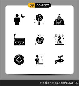 9 User Interface Solid Glyph Pack of modern Signs and Symbols of biology, apple, tant, radio, equipment Editable Vector Design Elements