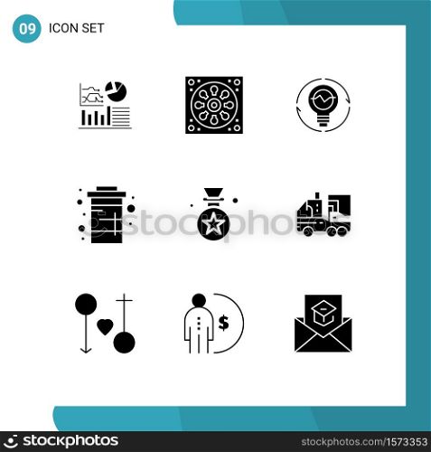 9 User Interface Solid Glyph Pack of modern Signs and Symbols of drink, coke, bulb, lightbulb, innovation Editable Vector Design Elements