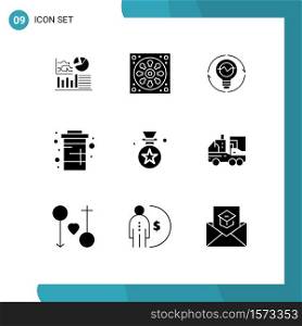 9 User Interface Solid Glyph Pack of modern Signs and Symbols of drink, coke, bulb, lightbulb, innovation Editable Vector Design Elements