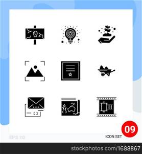 9 User Interface Solid Glyph Pack of modern Signs and Symbols of badges, photo, business idea, focus, gardening Editable Vector Design Elements