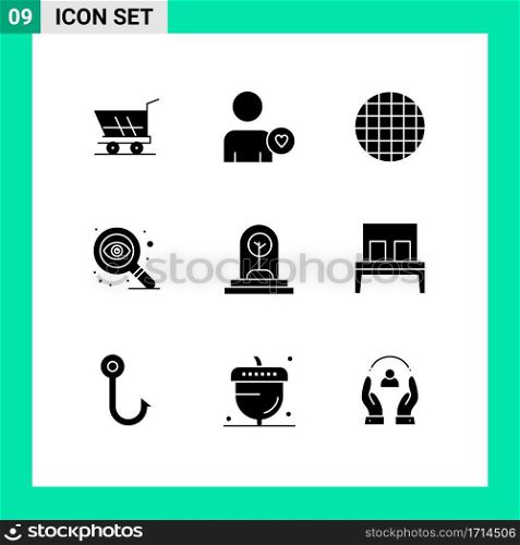 9 User Interface Solid Glyph Pack of modern Signs and Symbols of tree, new, viennese, growth, search Editable Vector Design Elements