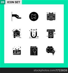 9 User Interface Solid Glyph Pack of modern Signs and Symbols of spa, magnet, learning, power, greenhouse Editable Vector Design Elements