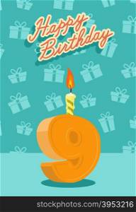 9 year Happy Birthday Card. Vector illustration