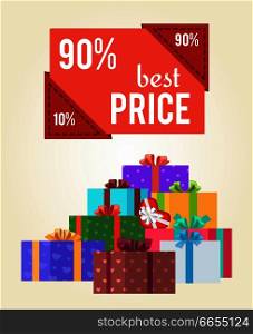 90  best price red push button promo label on banner with gift boxes vector illustration poster with piles of presents in color wrapping paper with bows. 90  Best Price Red Push Button Promo Label Banner