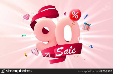 90 percent Off. Discount creative composition. 3d sale symbol with decorative objects, heart shaped balloons and gift box. Sale banner and poster. Vector illustration.. 90 percent Off. Discount creative composition. 3d sale symbol with decorative objects, heart shaped balloons and gift box. Sale banner and poster.