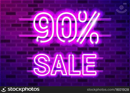 90 percent SALE glowing neon l&sign. Realistic vector illustration. Purple brick wall, violet glow, metal holders.. 90 percent SALE glowing purple neon l&sign