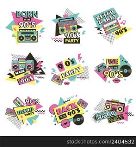 90s labels. Vintage fashioned labels for clothes retro style elements of pop music of 80s musical boombox radio recent vector pictures set. Illustration label back to 90s party, fashion emblem. 90s labels. Vintage fashioned labels for clothes retro style elements of pop music of 80s musical boombox radio recent vector pictures set