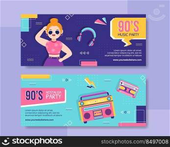 90s Retro Party Horizontal Banner Template Flat Cartoon Background Vector Illustration