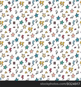 90s style doodle pattern. Funky seamless background. Simple stars, thunders and trendy memphis design elements on white background. Vintage illustration. Retro pattern. 90s style doodles seamless background. Trendy vector pattern. Doodle illustration for vintage designs
