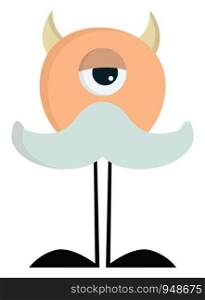 A 1 eyed monster with a big mustache, two horns and long legs, vector, color drawing or illustration.