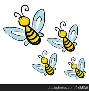 A 4 yellow flying honey bees with light blue colored wings, vector, color drawing or illustration.