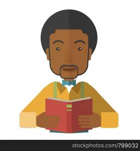 A african-american doctor reding a book vector flat design illustration isolated on white background. Square layout.. Doctor with book.