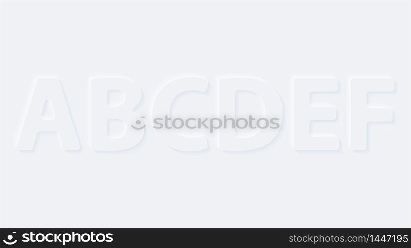 A B C D E F. Vector button letter of alphabet abc. Bright white gradient neumorphic effect character type icon. Internet gray symbol isolated on a background.