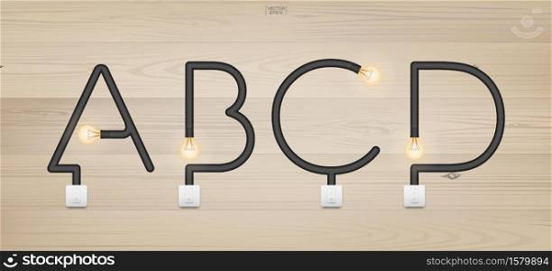 A, B, C, D - Set of loft alphabet letters. Abstract alphabet of light bulb and light switch on wood background. Vector illustration.