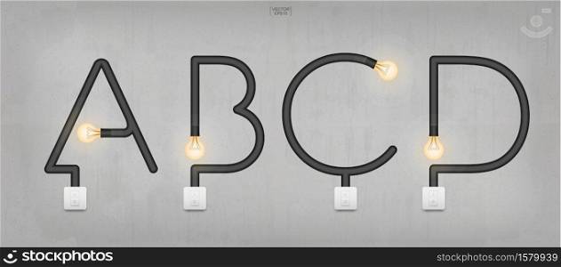 A, B, C, D - Set of loft alphabet letters. Abstract alphabet of light bulb and light switch on concrete wall background. Vector illustration.