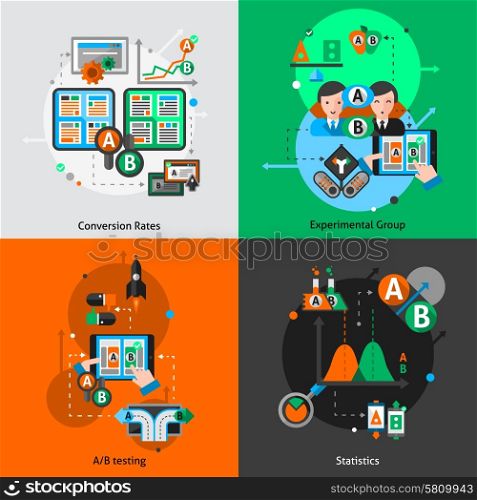 A-b testing design concept set with convertion rates experimental group and statistics elements isolated vector illustration. A-b Testing Icons Set