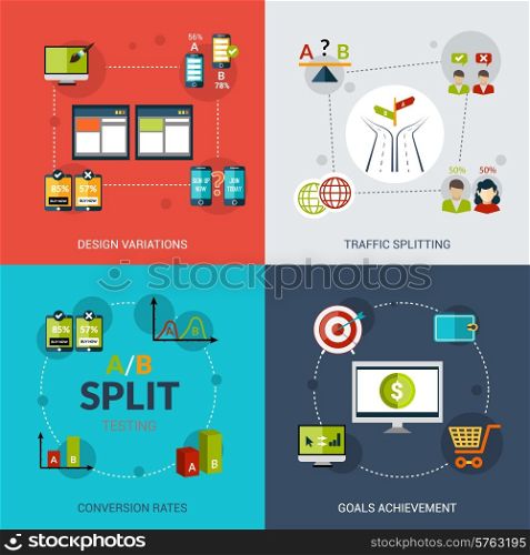 A-b testing design concept set with design variations traffic splitting conversion rates goals achievement flat icons isolated vector illustration