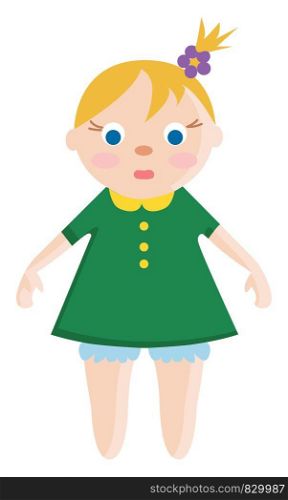 A baby having blonde hair fair skin blue eyes wearing a green dress with yellow collar and a purple band on the head vector color drawing or illustration