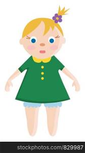 A baby having blonde hair fair skin blue eyes wearing a green dress with yellow collar and a purple band on the head vector color drawing or illustration