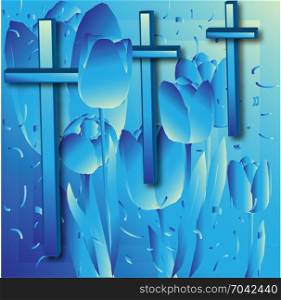A background with crosses and layered tulips images in blue tones