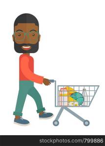 A balck male shopper pushing a shopping cart inside the supermarket. A contemporary style. Vector flat design illustration with isolated white background. Vertical layout. . Black Male Shopper Pushing a Shopping Cart.